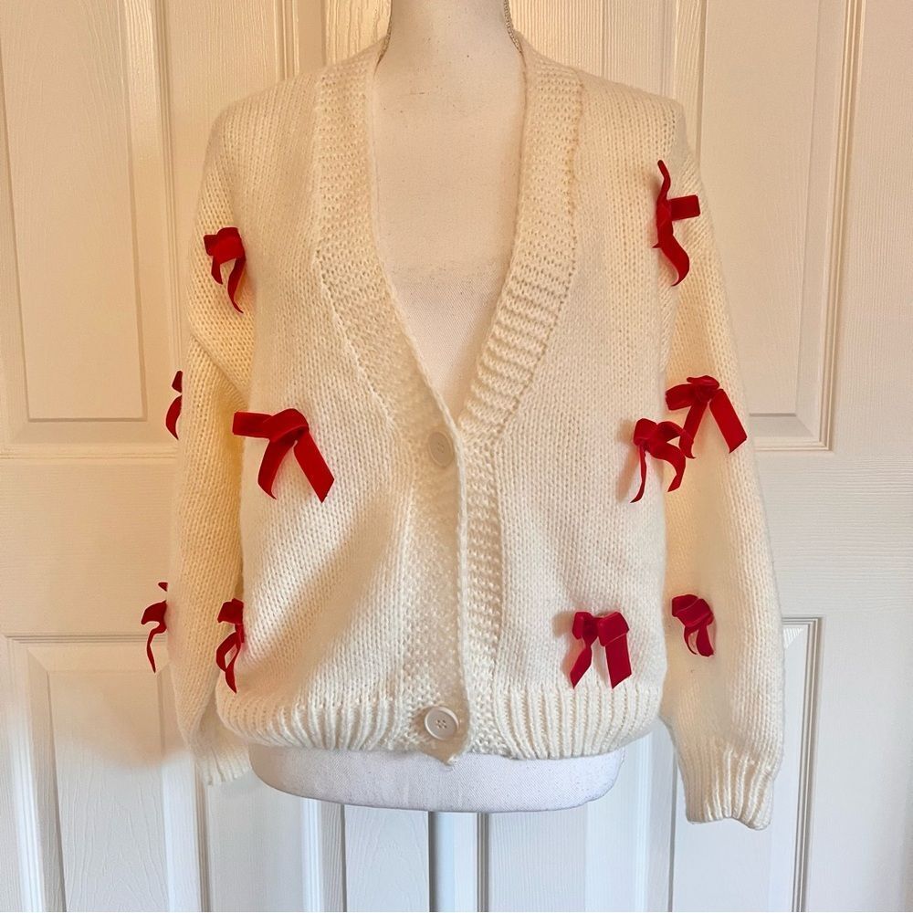 Luna Ivy Red Bow Ribbon Cardigan in Ivory Small NEW